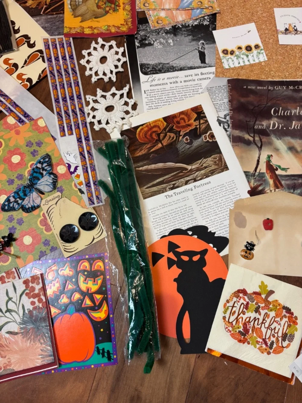 Lot of 50+ pieces Autumn Halloween-themed junk journal ephemera and craft items